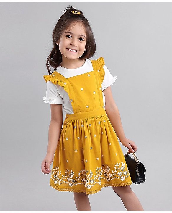 Babyhug 100% Cotton Schiffli Frock with Half Sleeves Inner Tee Flowers Embroided - Yellow