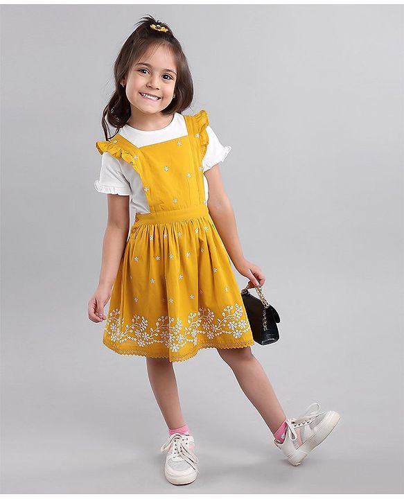 Babyhug 100% Cotton Schiffli Frock with Half Sleeves Inner Tee Flowers Embroided - Yellow