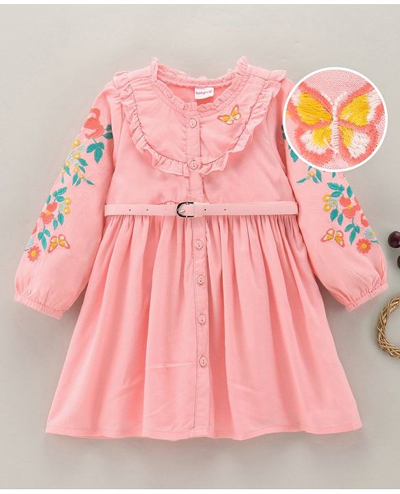 Babyhug Full Sleeves Floral Embroidery Dress With Belt - Pink