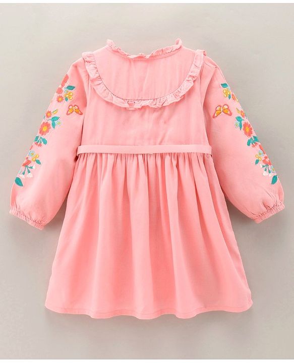 Babyhug Full Sleeves Floral Embroidery Dress With Belt - Pink