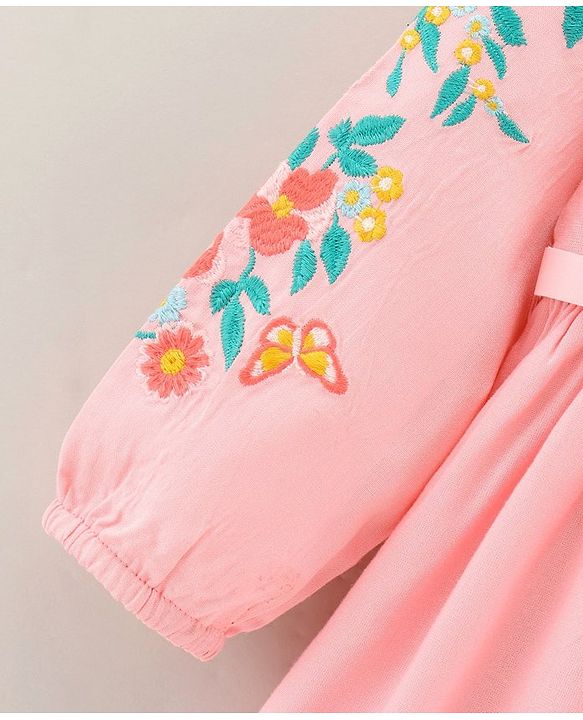 Babyhug Full Sleeves Floral Embroidery Dress With Belt - Pink