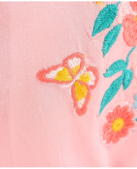 Babyhug Full Sleeves Floral Embroidery Dress With Belt - Pink