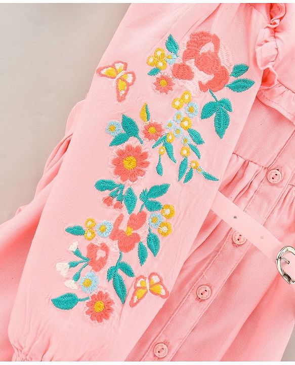 Babyhug Full Sleeves Floral Embroidery Dress With Belt - Pink