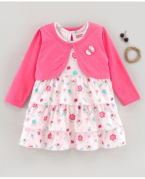 Babyhug 100% Cotton Frock With Shrug Floral Print - Pink