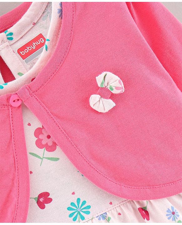Babyhug 100% Cotton Frock With Shrug Floral Print - Pink