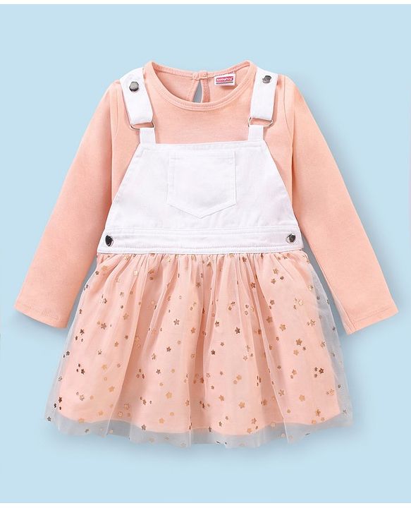 Babyhug Full Sleeves Inner Tee With Full Sleeves Mesh Frock Star Print- Peach