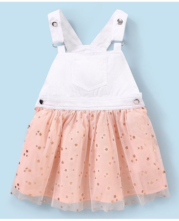 Babyhug Full Sleeves Inner Tee With Full Sleeves Mesh Frock Star Print- Peach