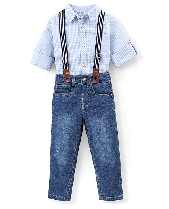 Babyhug 100%  Cotton Full Sleeves Checks Shirt & Denim Jeans With Suspender - Blue