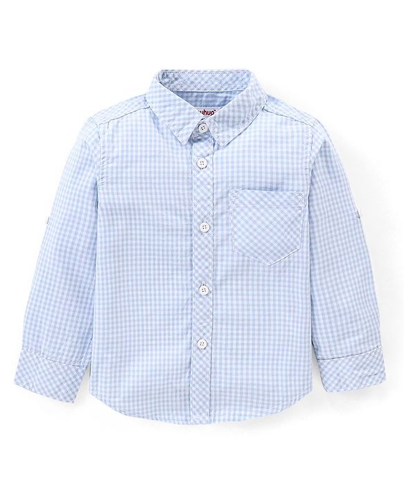 Babyhug 100%  Cotton Full Sleeves Checks Shirt & Denim Jeans With Suspender - Blue