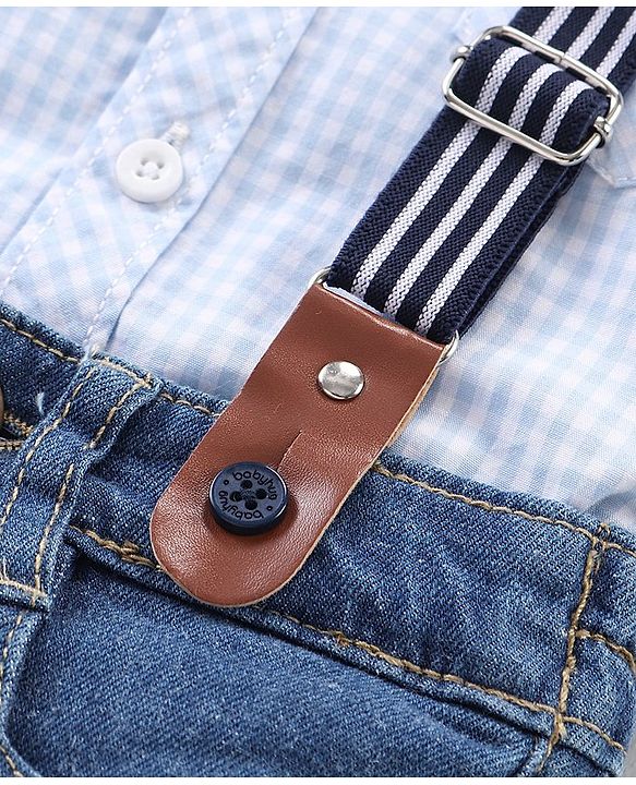 Babyhug 100%  Cotton Full Sleeves Checks Shirt & Denim Jeans With Suspender - Blue