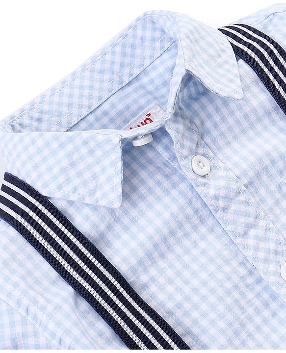 Babyhug 100%  Cotton Full Sleeves Checks Shirt & Denim Jeans With Suspender - Blue
