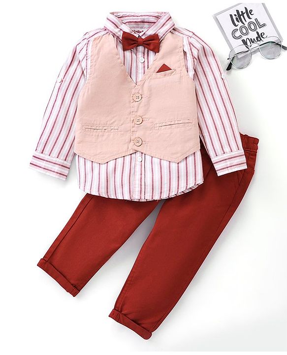Babyhug Full Sleeves Striped Shirt With Attached Waistcoat & Trouser Set With Bow - Brown