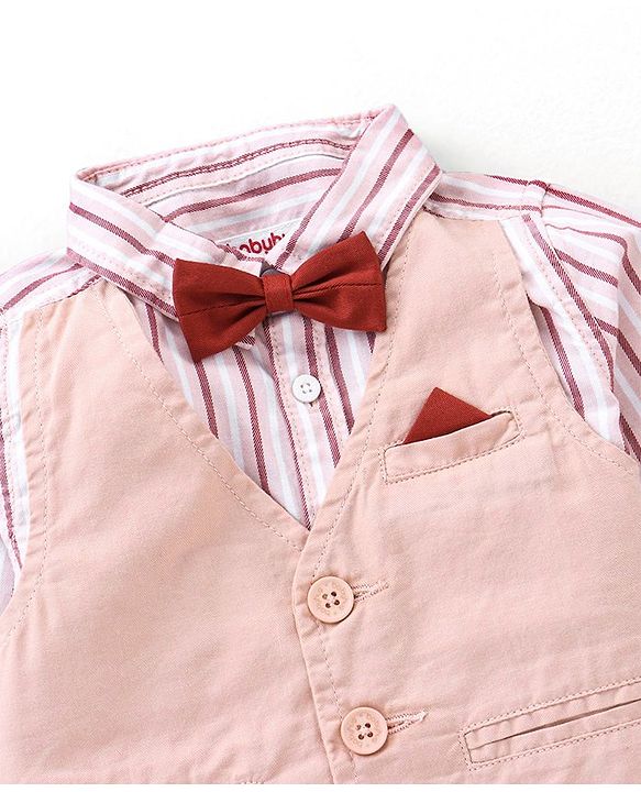 Babyhug Full Sleeves Striped Shirt With Attached Waistcoat & Trouser Set With Bow - Brown