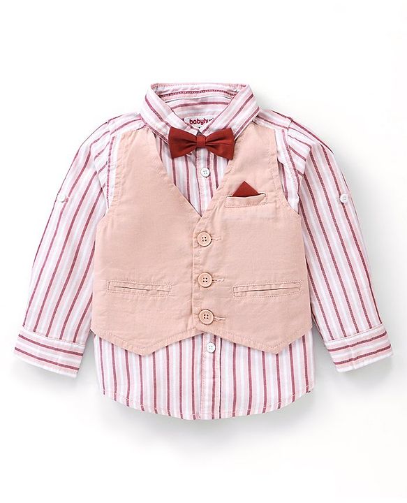 Babyhug Full Sleeves Striped Shirt With Attached Waistcoat & Trouser Set With Bow - Brown