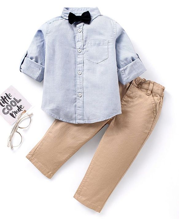 Babyhug Cotton Woven to Woven Full Sleeves Striped Shirt & Trouser With Bow - Light Blue Cream