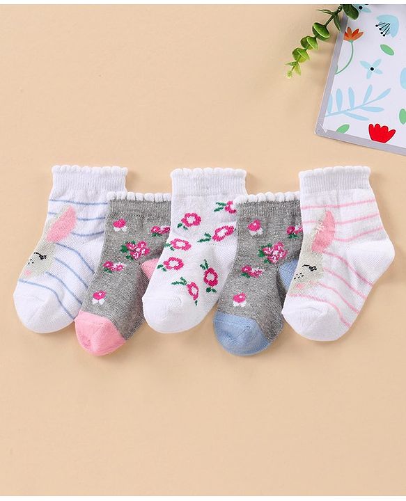 Cute Walk by Babyhug Ankle Length Antibacterial Socks Multi Design Pack Of 5 - Multicolor