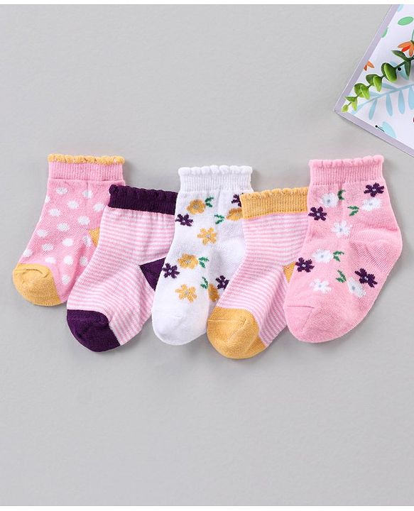 Cute Walk by Babyhug Ankle Length Antibacterial Socks Multi Design Pack Of 5 - Multicolor