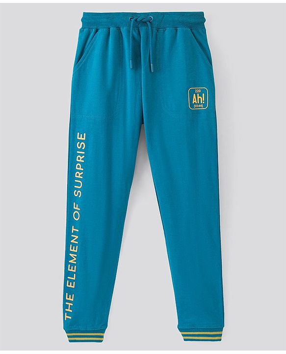 Pine Kids Full Length 100% Cotton Knit Biowashed Joggers Text Print - Blue