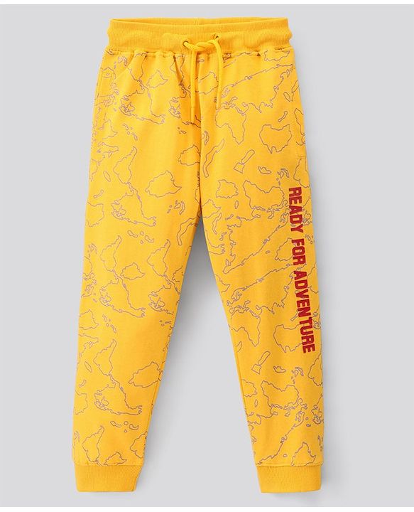 Pine Kids Full Length Bio Washed Cotton Knit Lounge Pant With World Map All Over Print - Yellow