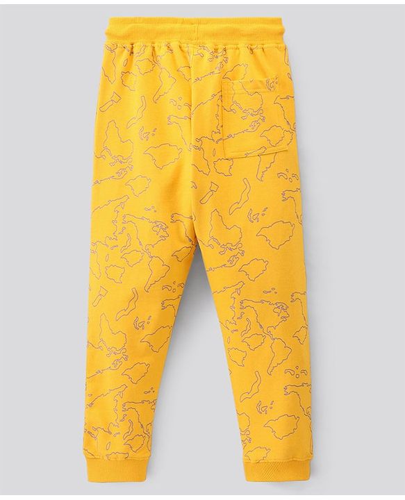 Pine Kids Full Length Bio Washed Cotton Knit Lounge Pant With World Map All Over Print - Yellow