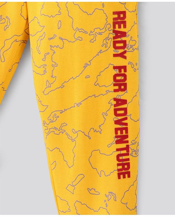 Pine Kids Full Length Bio Washed Cotton Knit Lounge Pant With World Map All Over Print - Yellow