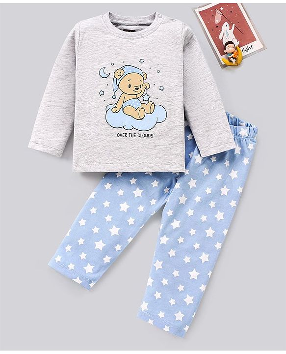 Babyhug 100% Cotton Full Sleeves Night Suit Clouds Print - Grey Blue