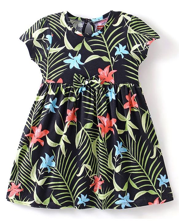 Babyhug 100% Cotton Knit Half Sleeves Frock with Tropical Print - Multicolour