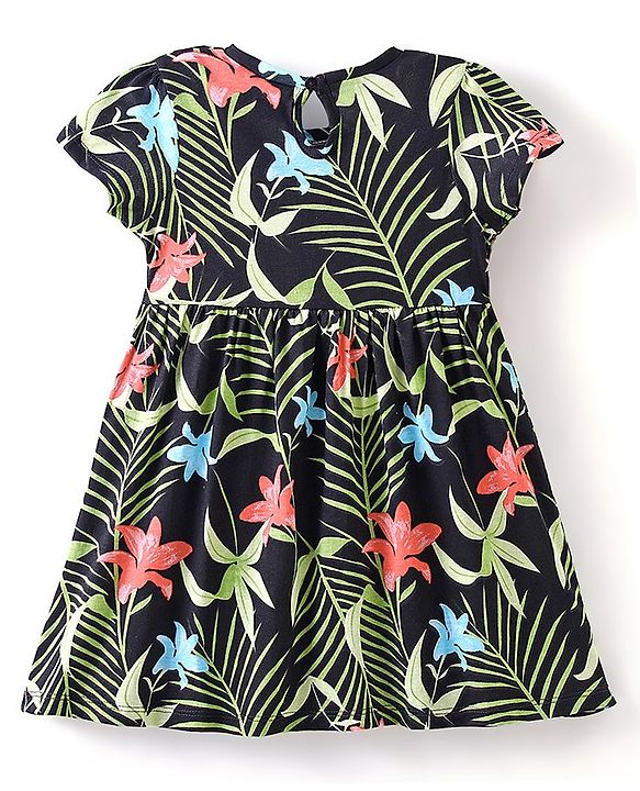 Babyhug 100% Cotton Knit Half Sleeves Frock with Tropical Print - Multicolour