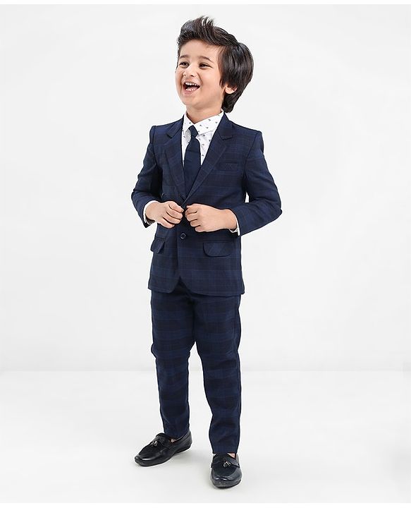 Babyhug Full Sleeves Checked Party Wear Suit With Blazer- Navy & Black