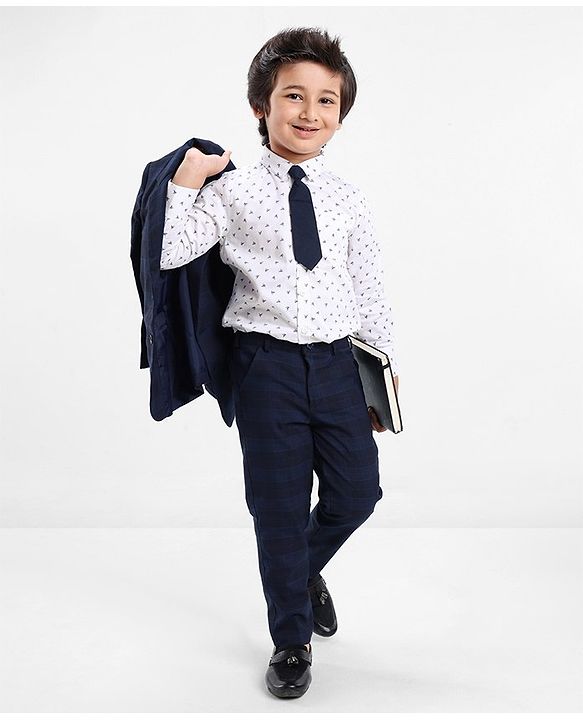 Babyhug Full Sleeves Checked Party Wear Suit With Blazer- Navy & Black