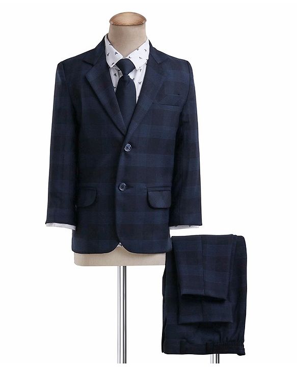 Babyhug Full Sleeves Checked Party Wear Suit With Blazer- Navy & Black