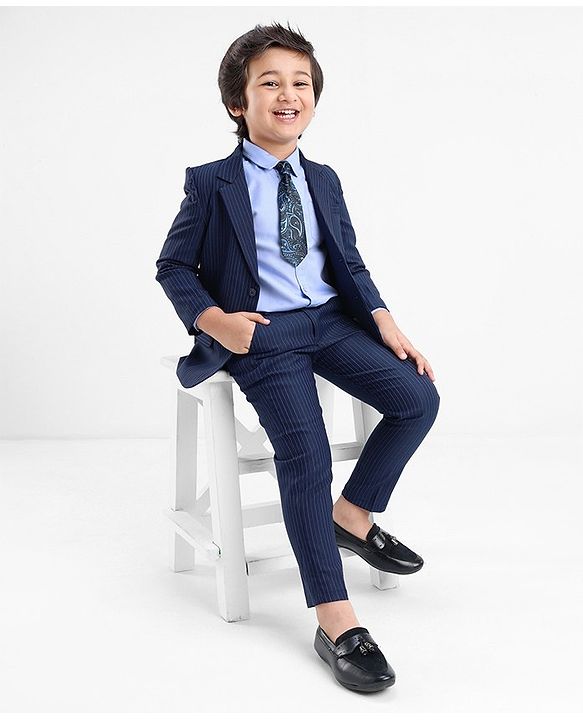Babyhug Full Sleeves Striped Party Wear Suit With Blazer- Navy & Black