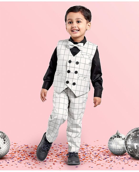 Babyhug Full Sleeves Checks Party Suit With Bow - Grey