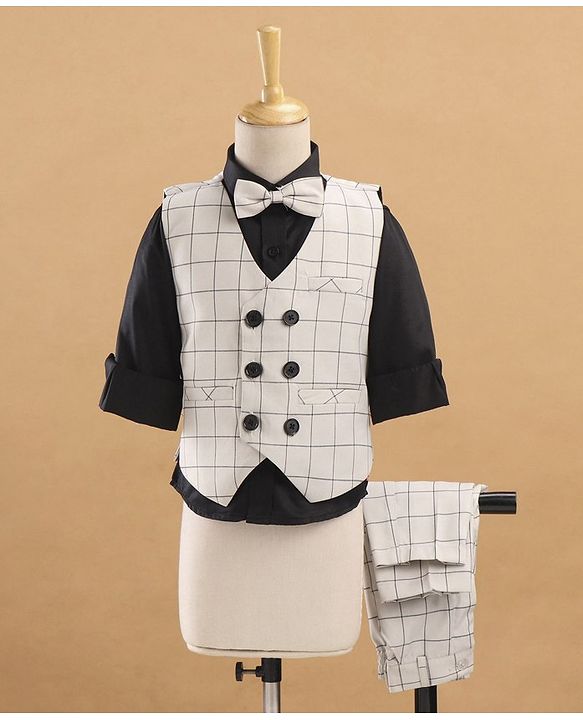 Babyhug Full Sleeves Checks Party Suit With Bow - Grey