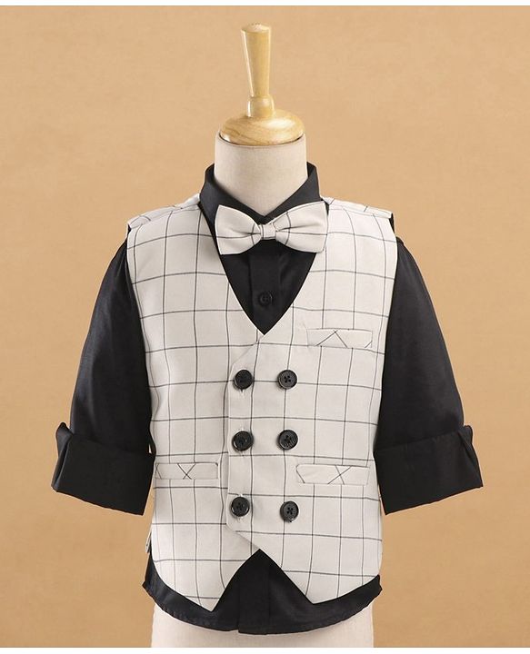 Babyhug Full Sleeves Checks Party Suit With Bow - Grey