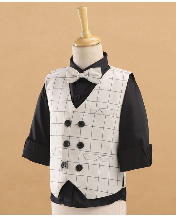 Babyhug Full Sleeves Checks Party Suit With Bow - Grey