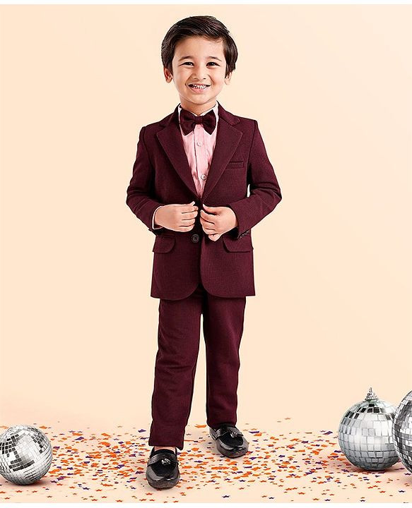 Babyhug Full Sleeves Stretch Fit Party Suit With Bow - Maroon