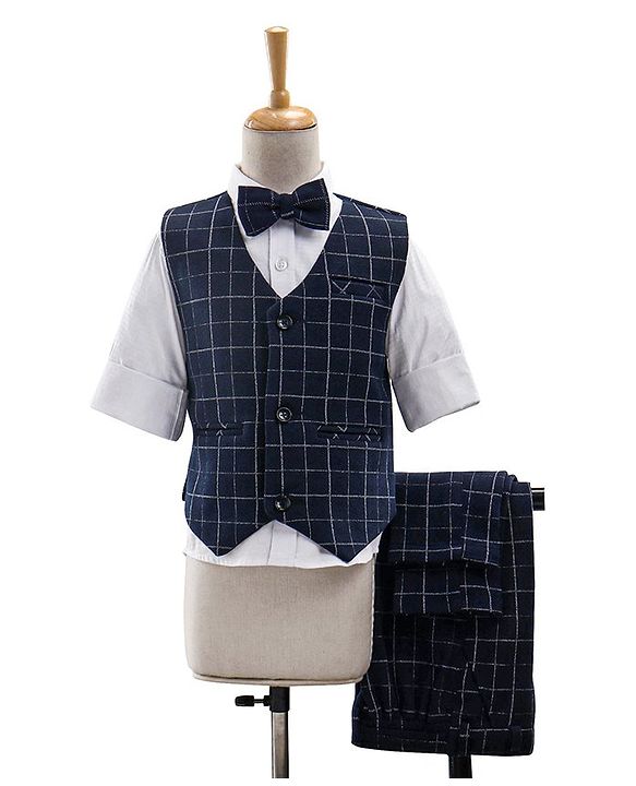 Babyhug Woven Full Sleeves  3 Pieces Party Suit With Bow - Navy Black