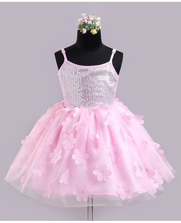 Babyhug Sleeves Sqeuins & Floral Applique Party Frock - Light Pink