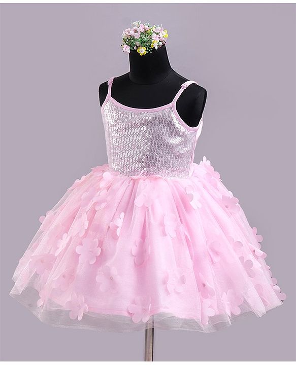 Babyhug Sleeves Sqeuins & Floral Applique Party Frock - Light Pink