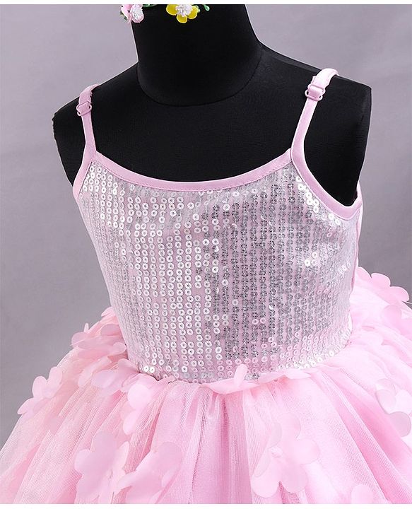Babyhug Sleeves Sqeuins & Floral Applique Party Frock - Light Pink