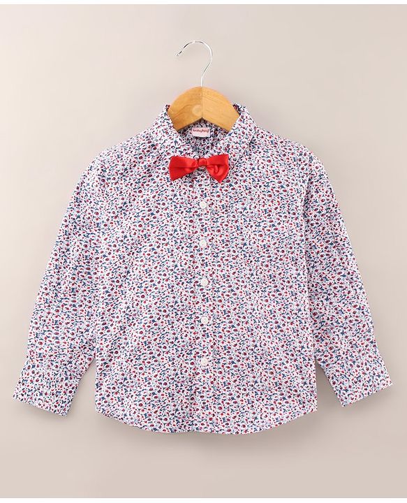 Babyhug Full Sleeves Printed Party Shirt with Bow - White