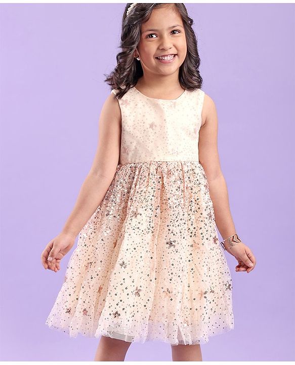 Babyhug Sleeveless Sequins Detailing Party Frock - Off White