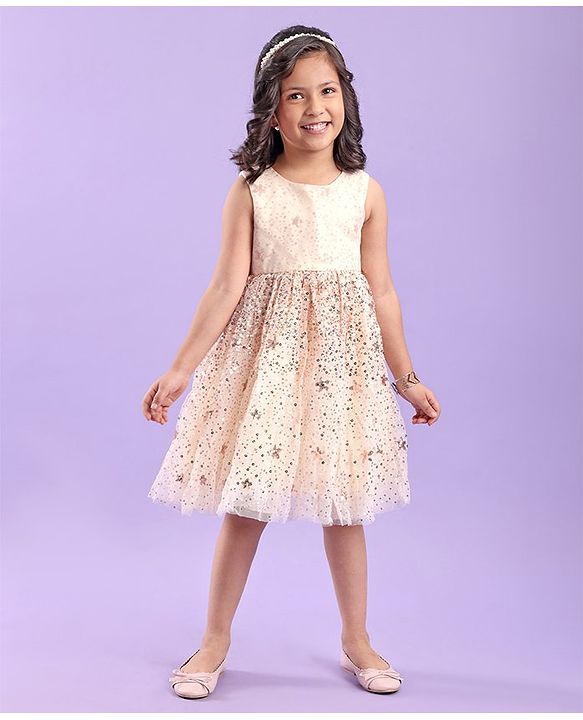 Babyhug Sleeveless Sequins Detailing Party Frock - Off White