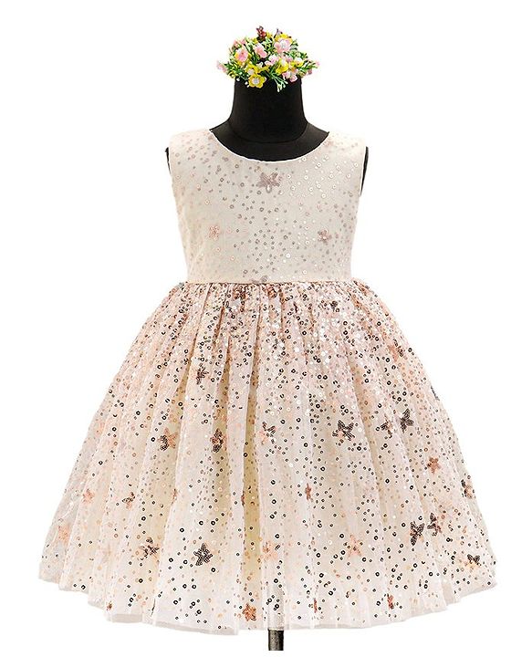 Babyhug Sleeveless Sequins Detailing Party Frock - Off White
