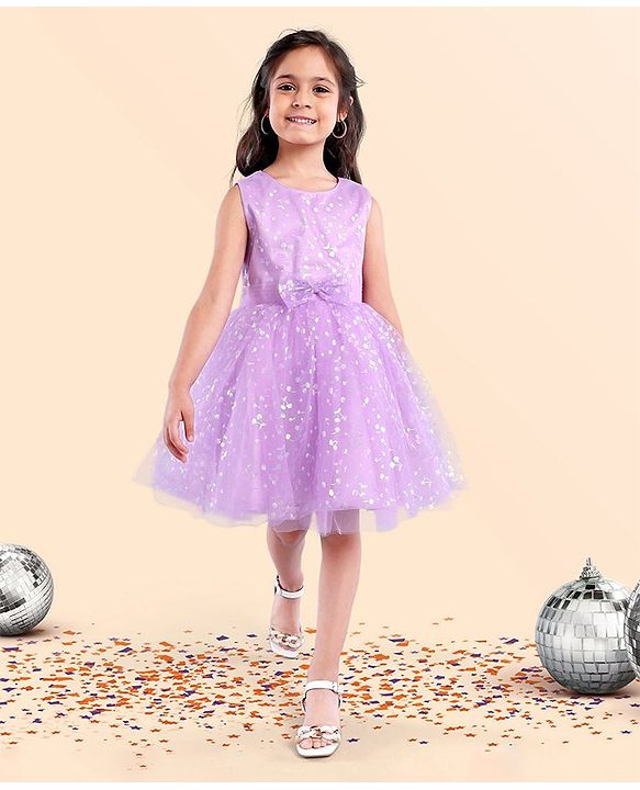 Babyhug Sleeveless Foil Printed Party Wear Frock - Lavender
