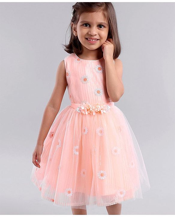 Babyhug Sleeveless Embroidered Party Wear Frock - Peach