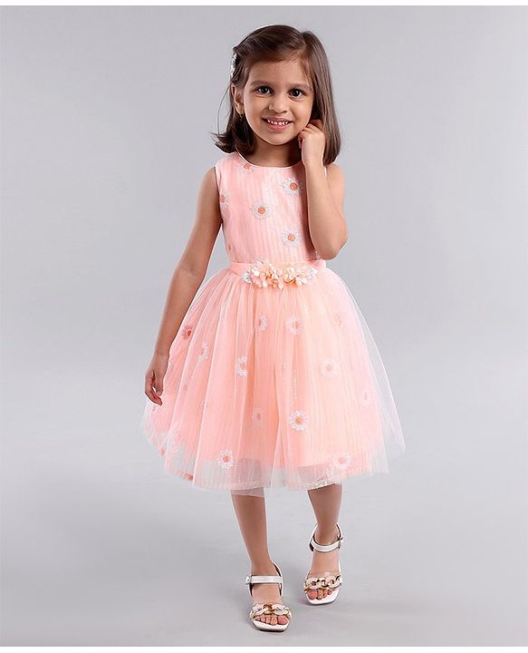 Babyhug Sleeveless Embroidered Party Wear Frock - Peach