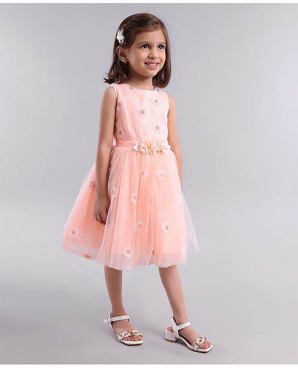 Babyhug Sleeveless Embroidered Party Wear Frock - Peach