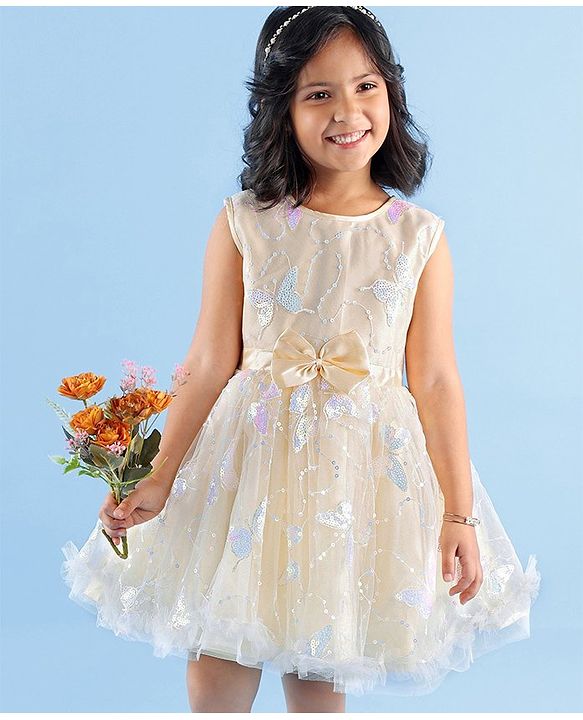 Babyhug Sleeveless Party Wear Mesh Frock With Sequin Embroidery & Bow Applique- Ivory